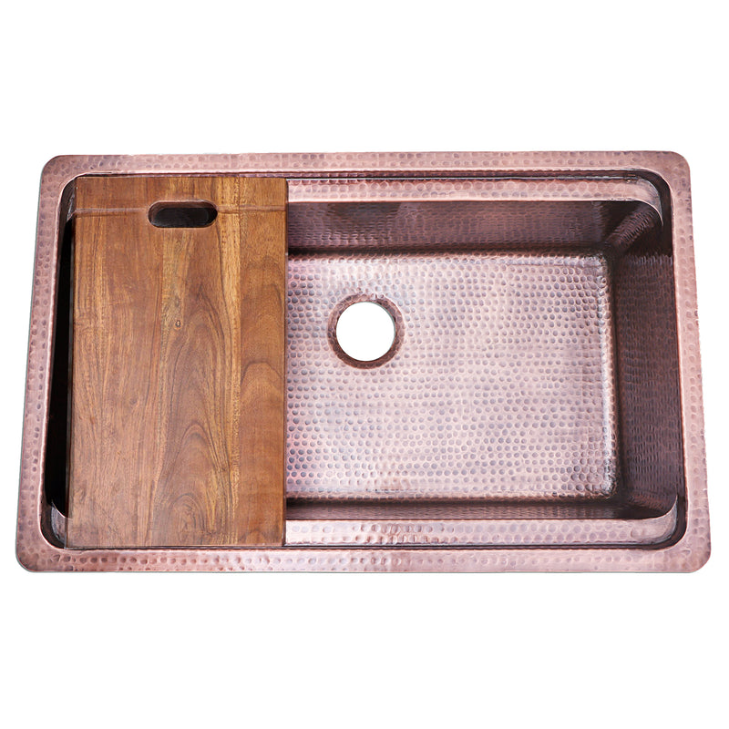 Nantucket Sinks KCH-PS-3220 overhead view with the acacia cutting board on the ledge