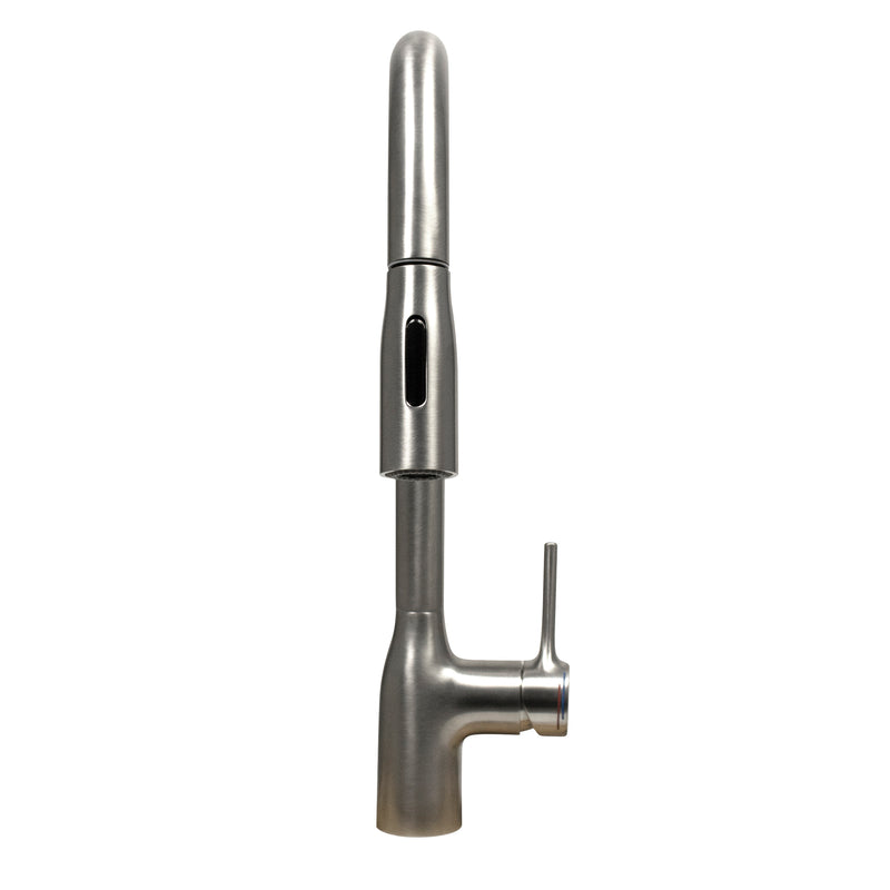 Nantucket Sinks KFPD16BRS brushed stainless pull-down faucet from the front showing the spray head button