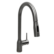 Nantucket Sinks KFPD16BRS brushed stainless pull-down kitchen faucet with side lever, white background