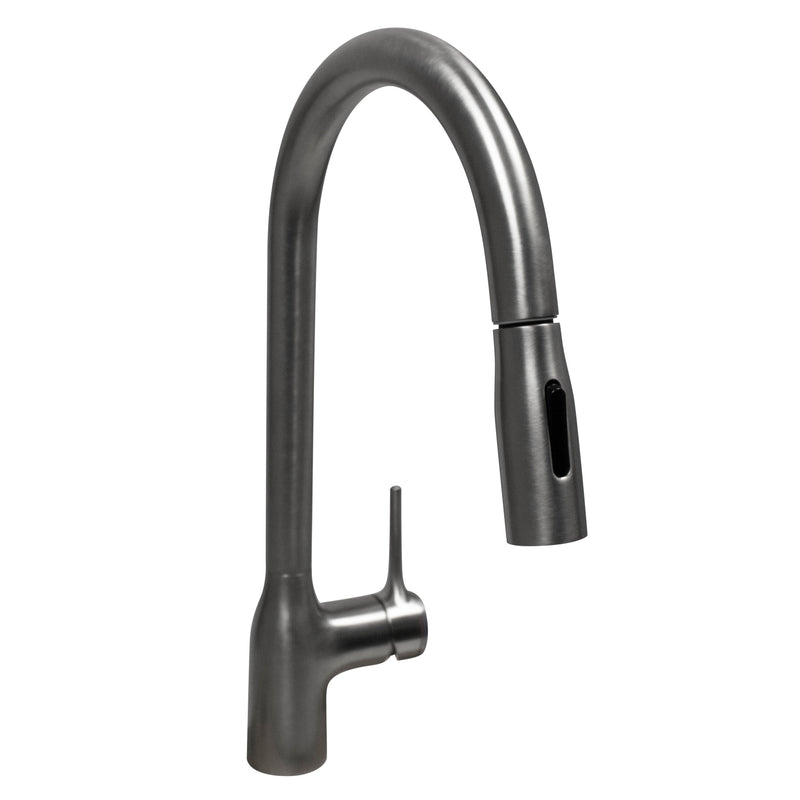 Nantucket Sinks KFPD16BRS brushed stainless pull-down kitchen faucet with side lever, white background