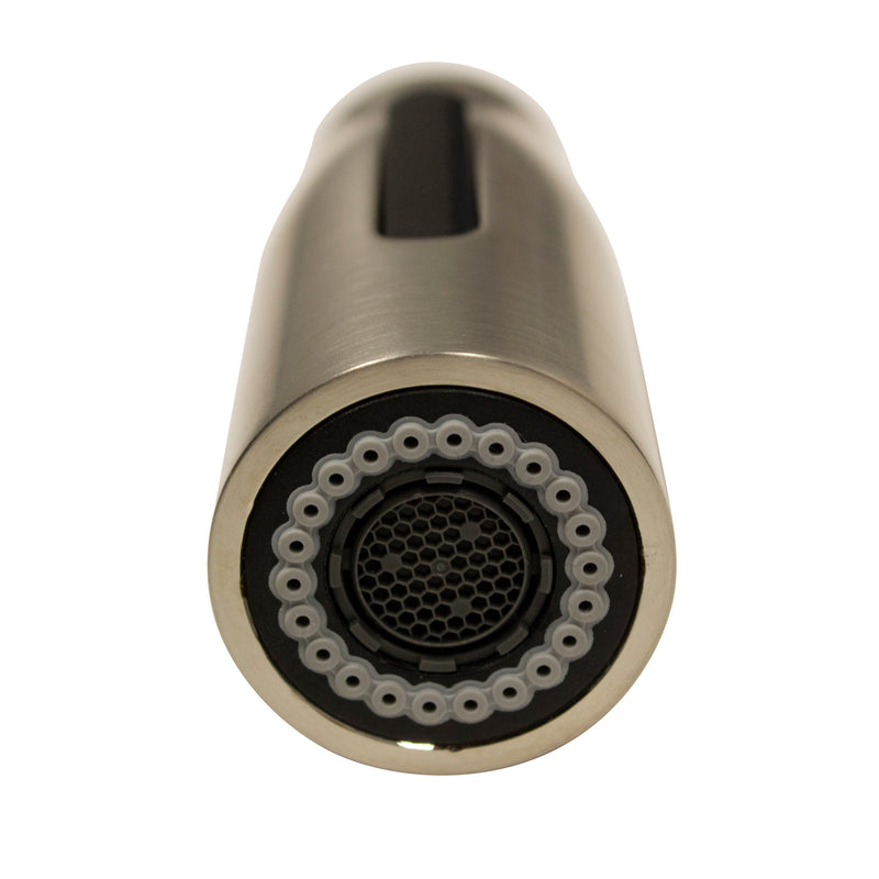 Nantucket Sinks KFPD16BRS close-up of the pull-down spray head face and nozzles