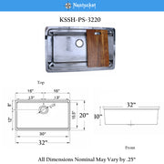 Nantucket Sinks KSSH-PS-3220 dimension sheet with top and front measurements