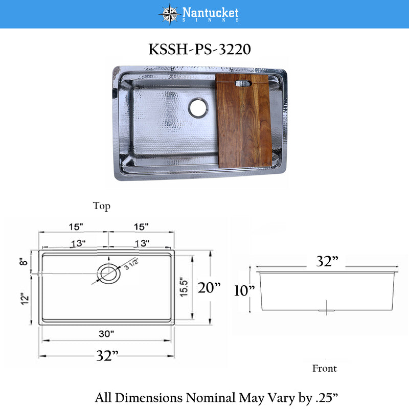 Nantucket Sinks KSSH-PS-3220 dimension sheet with top and front measurements