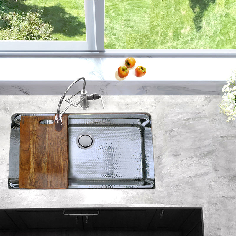 Nantucket Sinks KSSH-PS-3220 overhead view installed in marble with the cutting board