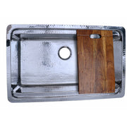 Nantucket Sinks KSSH-PS-3220 hammered stainless prep station sink with wood board, white background