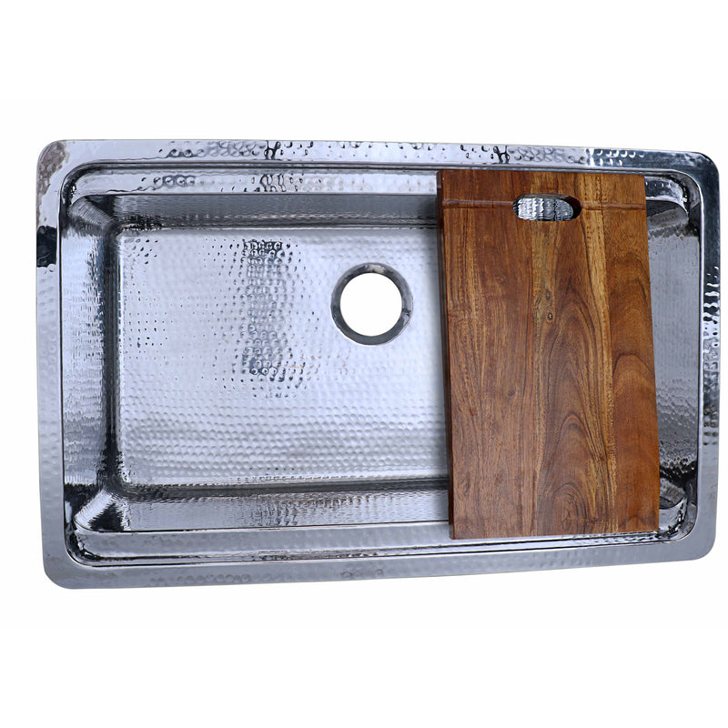 Nantucket Sinks KSSH-PS-3220 hammered stainless prep station sink with wood board, white background