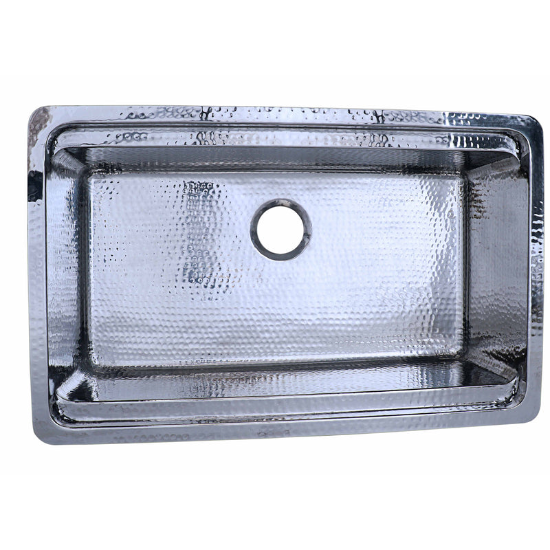 Nantucket Sinks KSSH-PS-3220 overhead view of the polished hammered bowl and rear drain