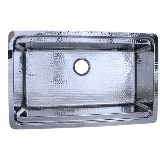 Nantucket Sinks KSSH-PS-3220 overhead view of the polished hammered bowl and rear drain