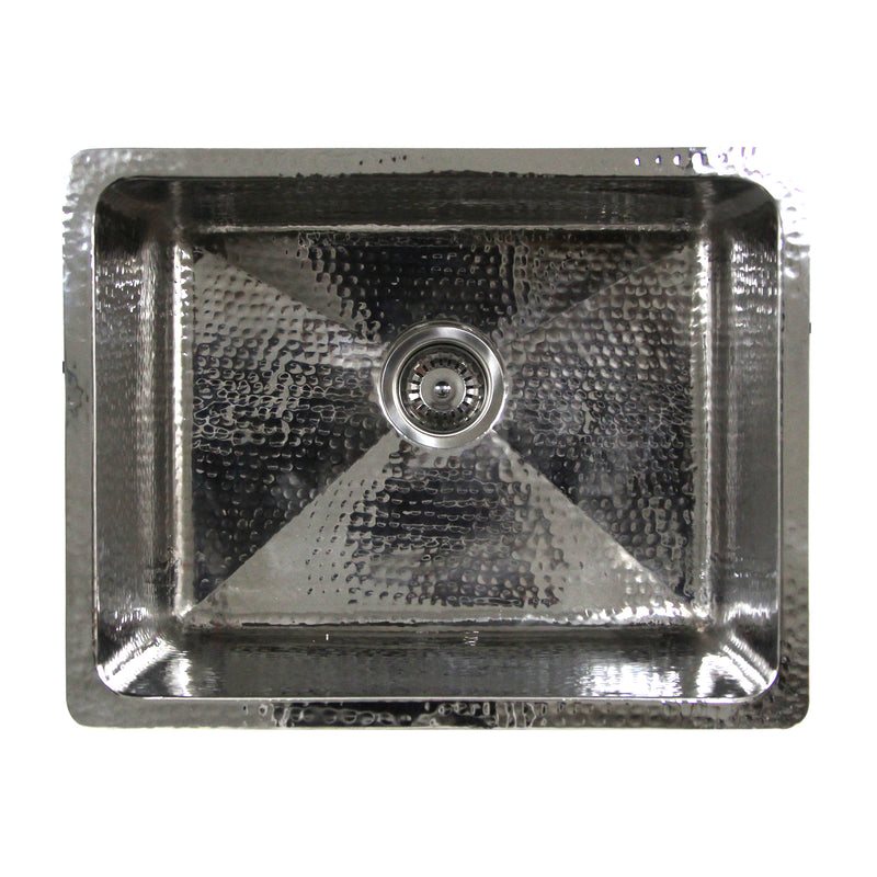 Nantucket Sinks KSSH2318-12 overhead view of the hammered bowl and center drain