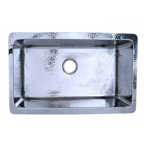 Nantucket Sinks KSSH3219-10 32" hand-hammered polished stainless sink, overhead view, white background