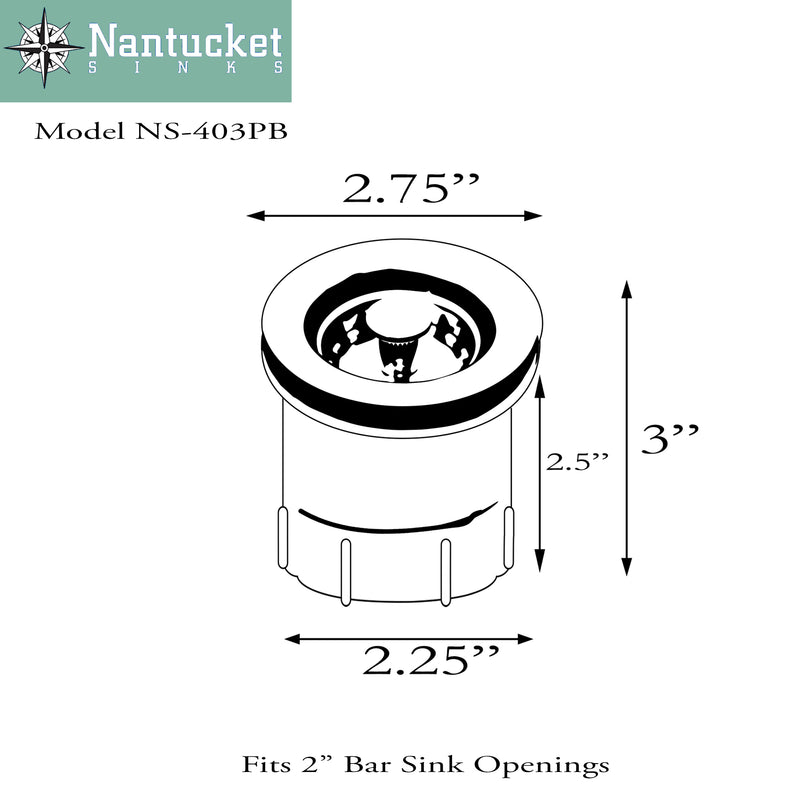 Nantucket Sinks NS-403PB dimensional drawing of the junior duo drain, 2.75" flange, 3" tall, fits 2" openings