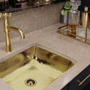 Nantucket Sinks NS-403ULB unlacquered brass drain in a hammered brass bar sink with a brass faucet