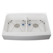 Nantucket Sinks NS-GSEZA32D white Glacierstone double-bowl EZApron sink with both bottom grids and drains, white background