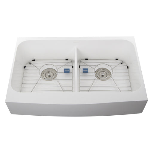 Nantucket Sinks NS-GSEZA32D white Glacierstone double-bowl EZApron sink with both bottom grids and drains, white background