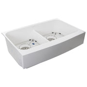 Nantucket Sinks NS-GSEZA32D double-bowl EZApron sink angled view showing curved apron and grids
