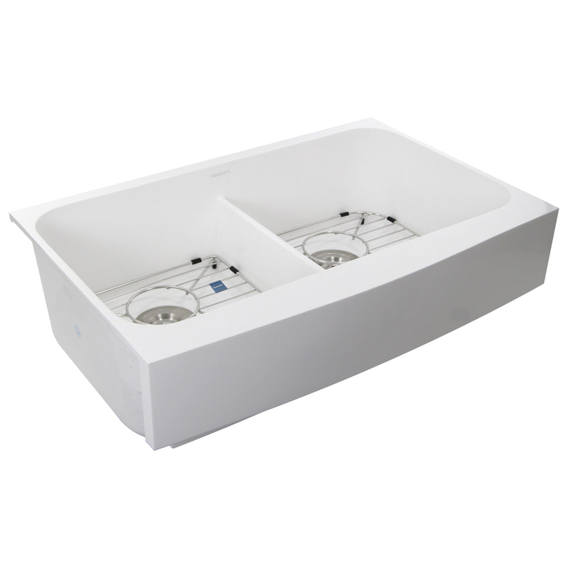 Nantucket Sinks NS-GSEZA32D double-bowl EZApron sink angled view showing curved apron and grids