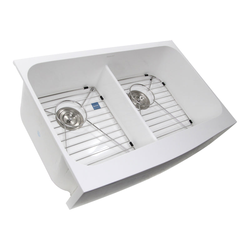 Nantucket Sinks NS-GSEZA32D double-bowl EZApron sink three-quarter view from above with grids in both bowls