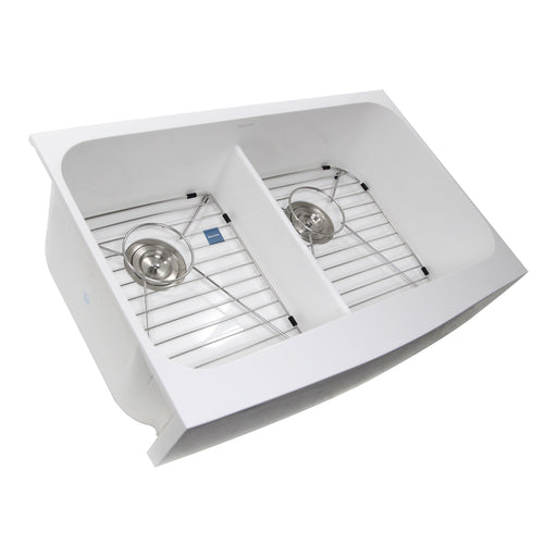 Nantucket Sinks NS-GSEZA32D double-bowl EZApron sink three-quarter view from above with grids in both bowls