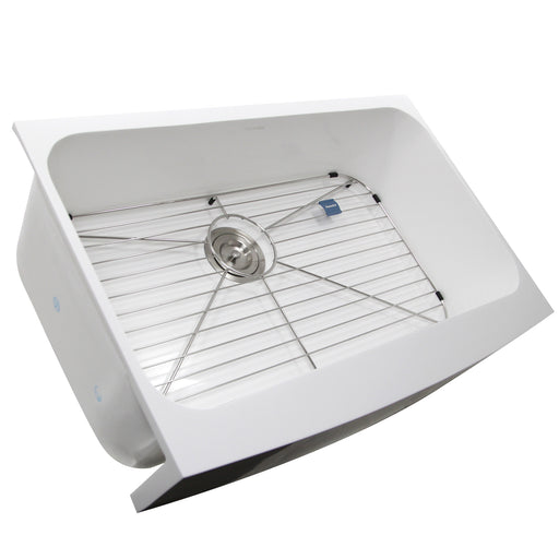 Nantucket Sinks NS-GSEZA32S white Glacierstone single-bowl EZApron sink with bottom grid and drain, white background