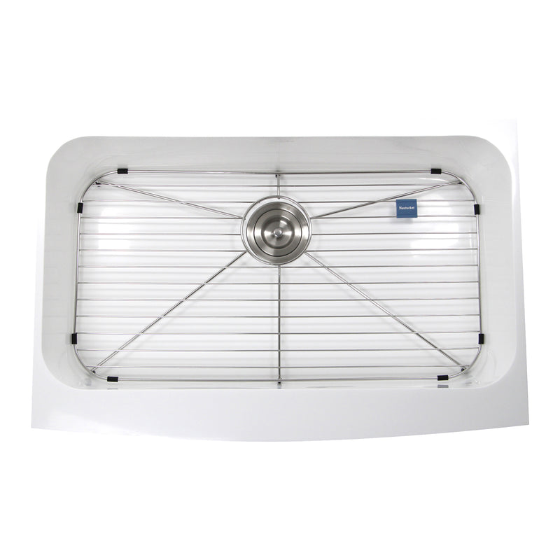 Nantucket Sinks NS-GSEZA32S single-bowl EZApron sink from above showing the bottom grid and colander drain