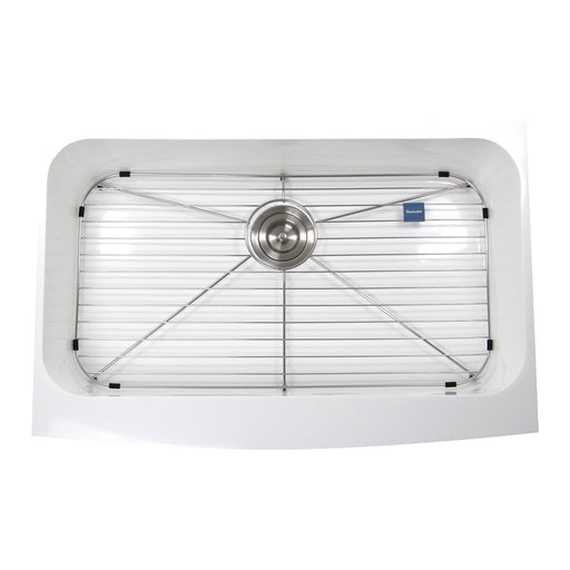 Nantucket Sinks NS-GSEZA32S single-bowl EZApron sink from above showing the bottom grid and colander drain