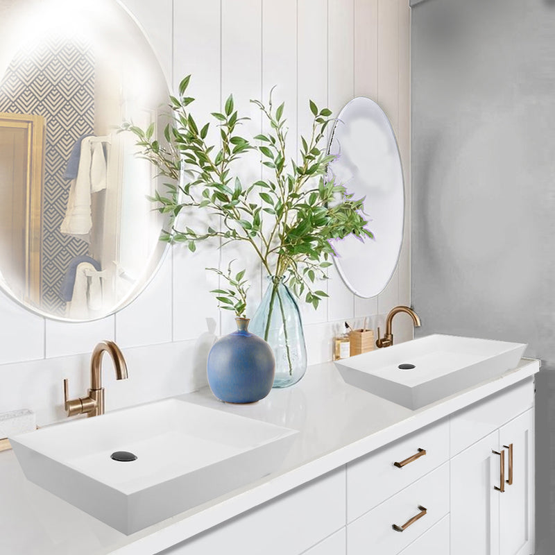 Nantucket Sinks NS-GSTR24 two white vessel sinks on a white vanity with brass faucets