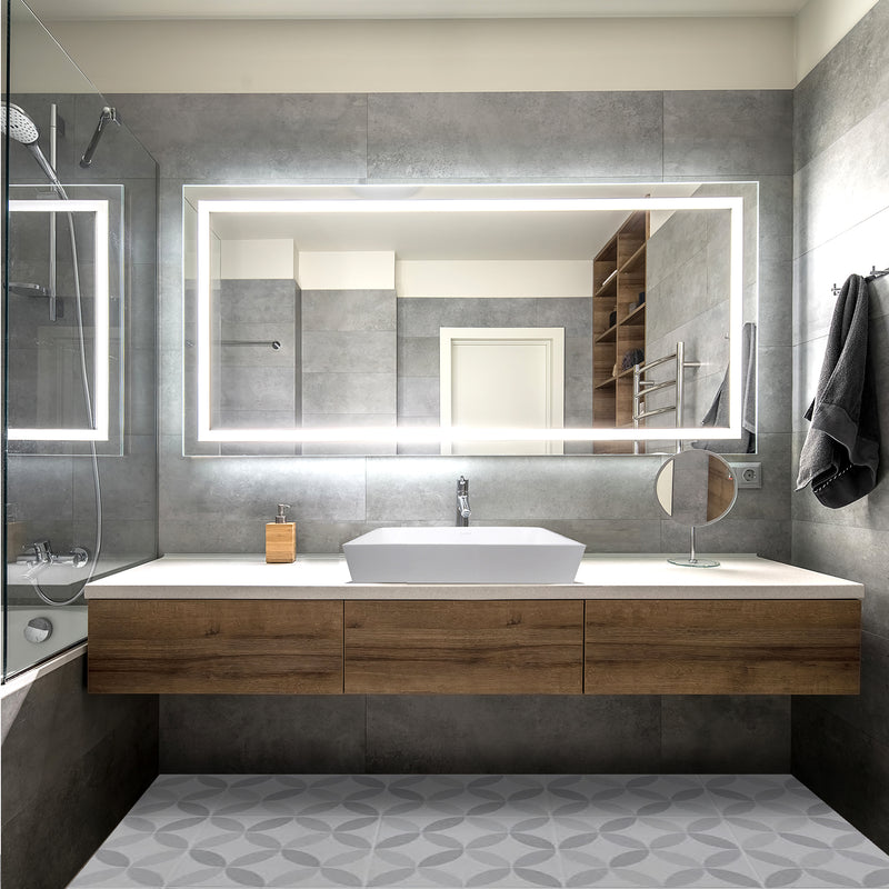 Nantucket Sinks NS-GSTR24 white vessel sink on a floating wood vanity under a lit mirror