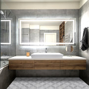 Nantucket Sinks NS-GSTR36 white vessel sink on a floating wood vanity under a lit mirror
