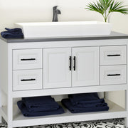 Nantucket Sinks NS-GSTR36 white vessel sink on a white open-shelf vanity with a black faucet