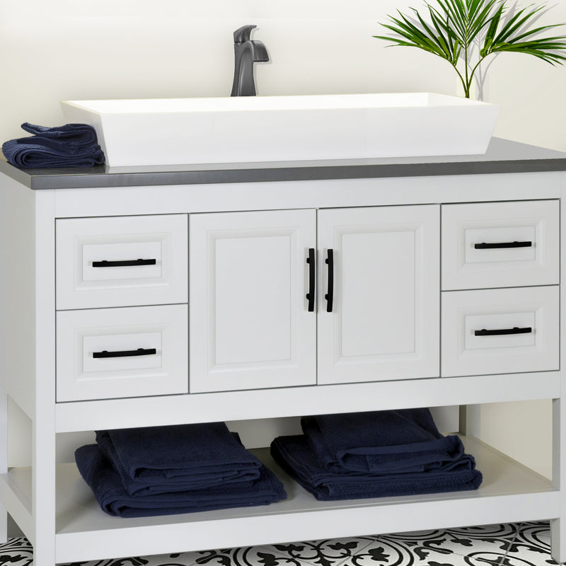 Nantucket Sinks NS-GSTR36 white vessel sink on a white open-shelf vanity with a black faucet
