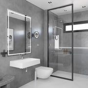 Nantucket Sinks NS-NPCS28W 28" sink wall-mounted in a grey bathroom beside a glass shower
