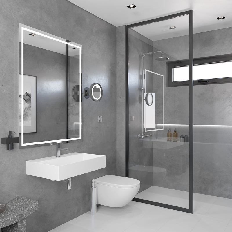 Nantucket Sinks NS-NPCS28W 28" sink wall-mounted in a grey bathroom beside a glass shower