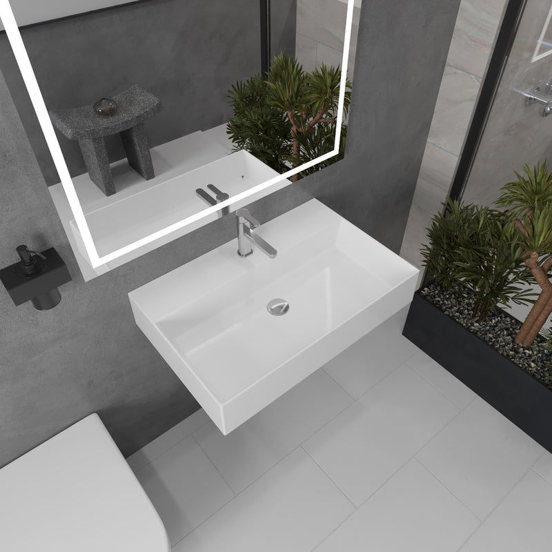 Nantucket Sinks NS-NPCS28W 28" wall-mount sink from above with a chrome faucet in a grey bathroom