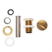 Nantucket Sinks NS-UDBG umbrella drain parts laid out: brushed gold cap, flange, body, tailpiece and gaskets