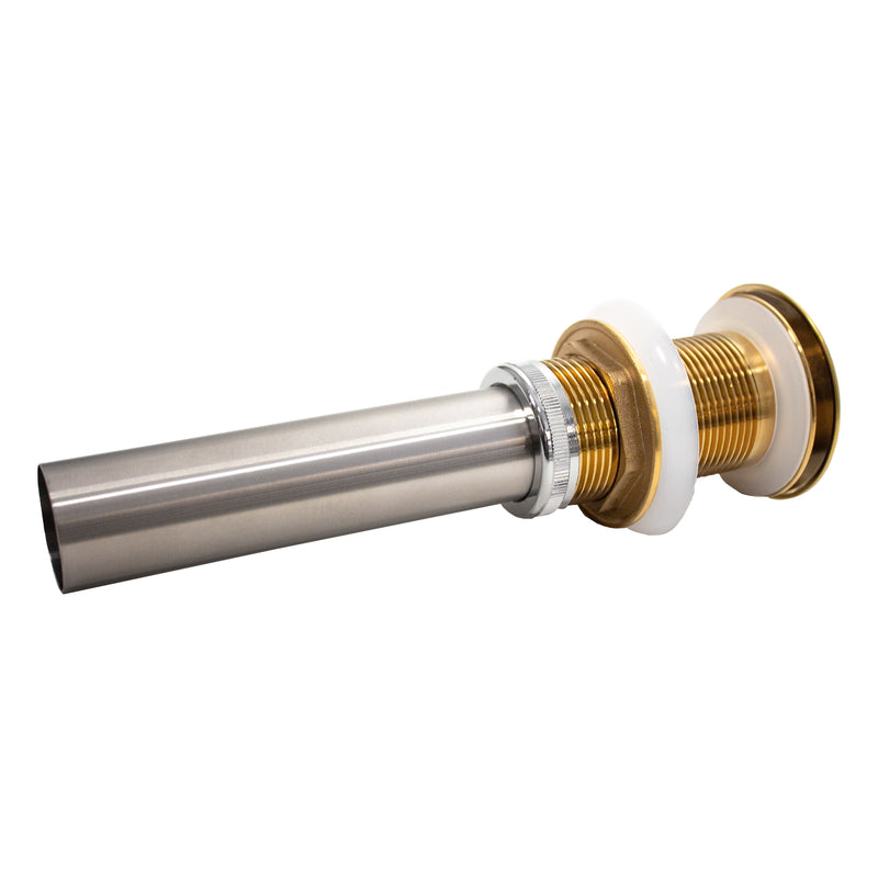 Nantucket Sinks NS-UDBG brushed gold umbrella drain from the tailpiece end showing the flange and gasket