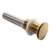 Nantucket Sinks NS-UDBG brushed gold umbrella drain lying at an angle showing cap, threads and tailpiece