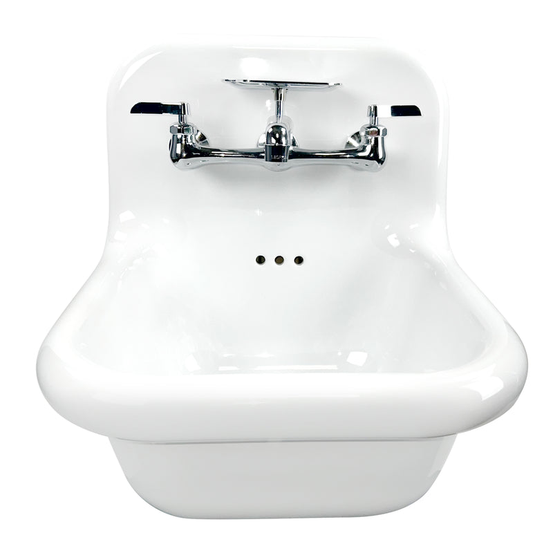 Nantucket Sinks NS-VC16-WW-CPFCT white fireclay wall-mount bathroom sink with polished chrome two-handle faucet, front view