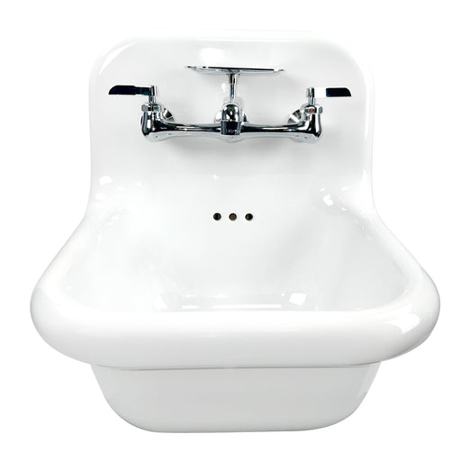 Nantucket Sinks NS-VC16-WW-CPFCT white fireclay wall-mount bathroom sink with polished chrome two-handle faucet, front view