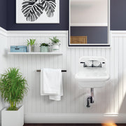 Nantucket Sinks NS-VC16-WW-CPFCT wall-mount sink with chrome faucet on white beadboard with a towel bar
