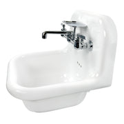 Nantucket Sinks NS-VC16-WW-CPFCT wall-mount sink from the left with the chrome wall faucet and soap dish