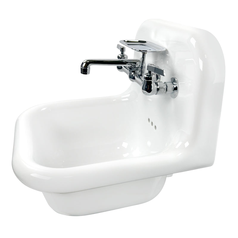 Nantucket Sinks NS-VC16-WW-CPFCT wall-mount sink from the left with the chrome wall faucet and soap dish