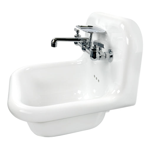 Nantucket Sinks NS-VC16-WW-CPFCT wall-mount sink from the left with the chrome wall faucet and soap dish