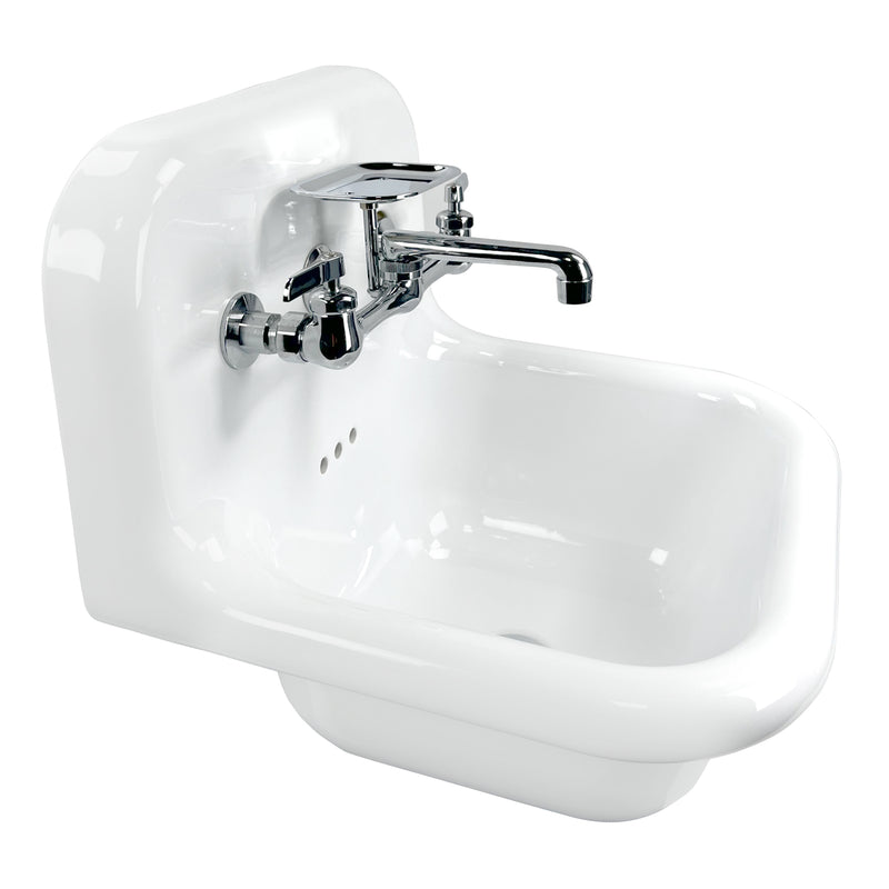 Nantucket Sinks NS-VC16-WW-CPFCT wall-mount sink from the right showing the backsplash and chrome faucet