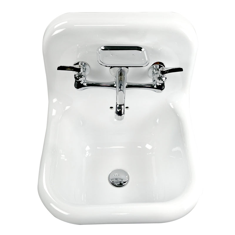 Nantucket Sinks NS-VC16-WW-CPFCT wall-mount sink from above with chrome faucet, soap dish and drain