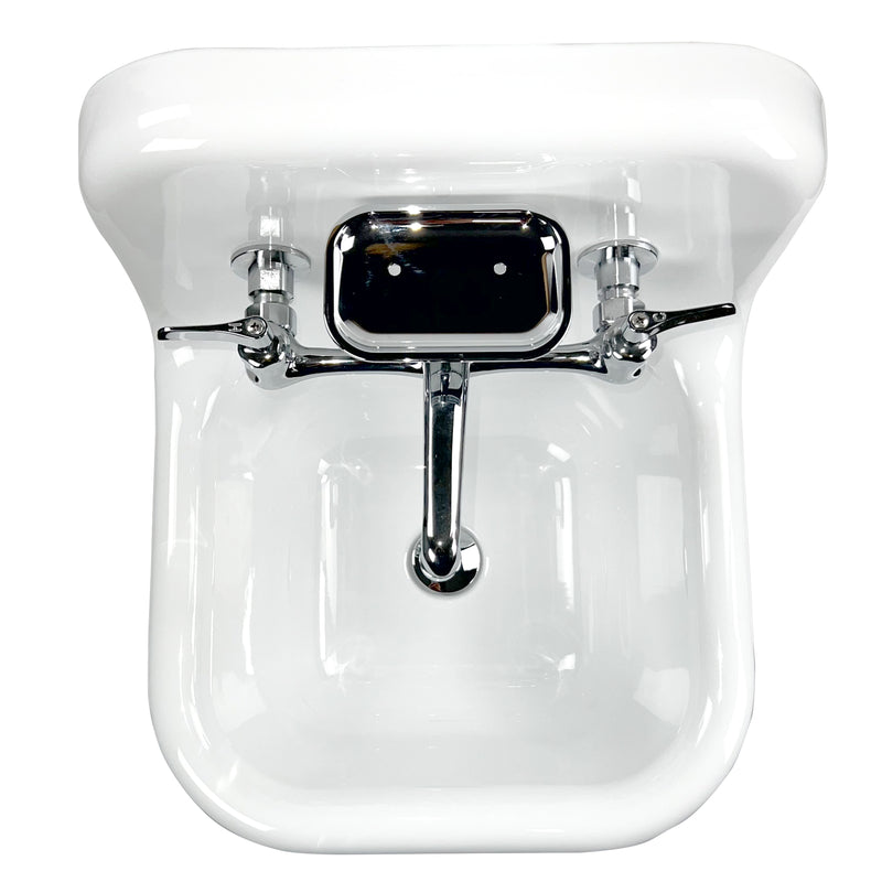 Nantucket Sinks NS-VC16-WW-CPFCT wall-mount sink from above the front, chrome faucet and soap tray