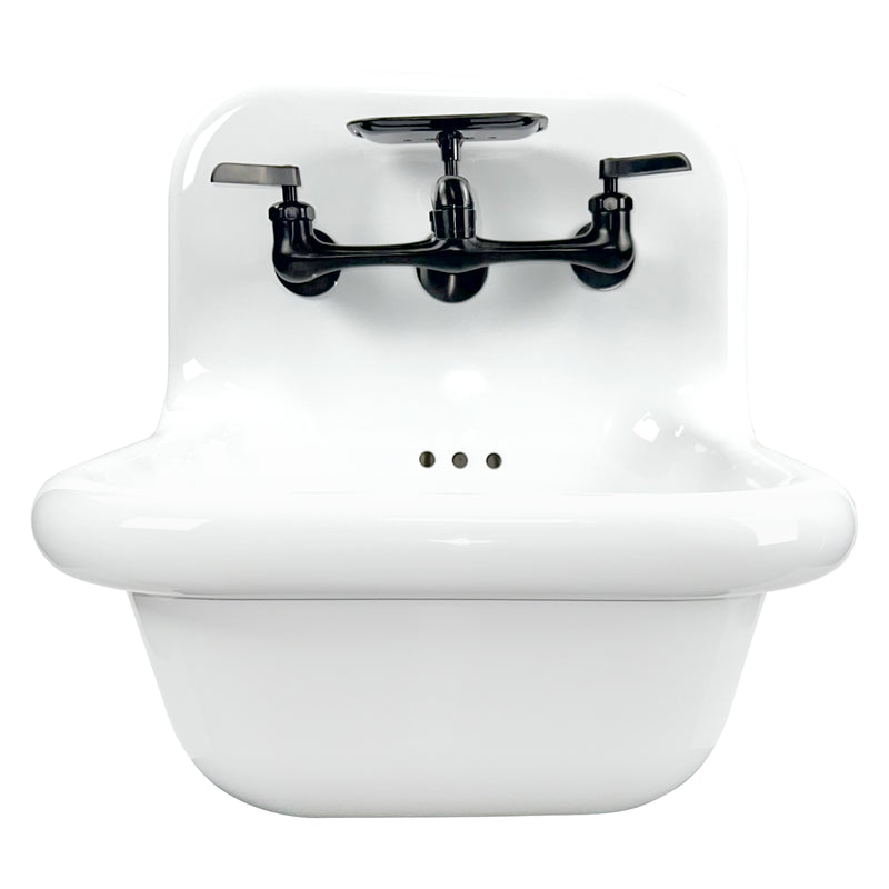 Nantucket Sinks NS-VC16-WW-MBFCT white fireclay wall-mount bathroom sink with matte black two-handle faucet, front view
