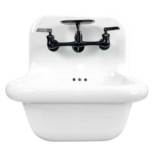 Nantucket Sinks NS-VC16-WW-MBFCT white fireclay wall-mount bathroom sink with matte black two-handle faucet, front view