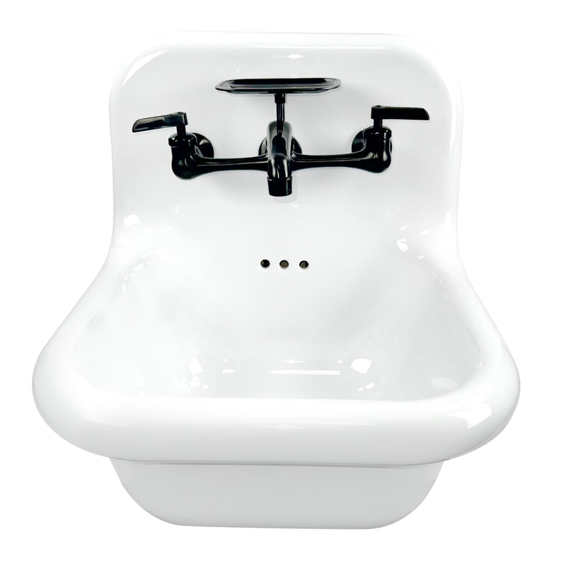 Nantucket Sinks NS-VC16-WW-MBFCT wall-mount sink elevated front view with matte black faucet and soap dish