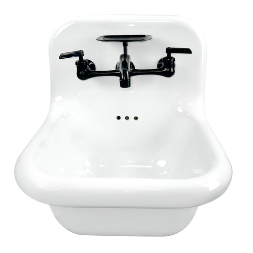 Nantucket Sinks NS-VC16-WW-MBFCT wall-mount sink elevated front view with matte black faucet and soap dish