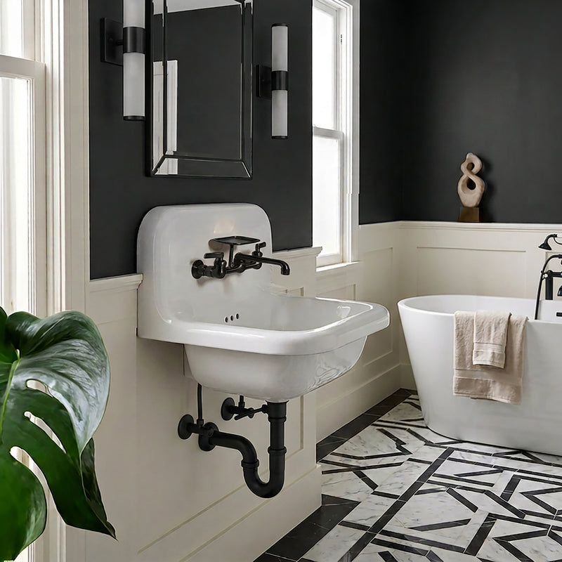 Nantucket Sinks NS-VC16-WW-MBFCT wall-mount sink with matte black faucet and black trap in a black and white bath